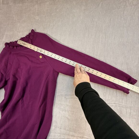 Talbots French Terry Ruffle Sweatshirt Dress Medium Purple Gold Button Preppy - Picture 9 of 10